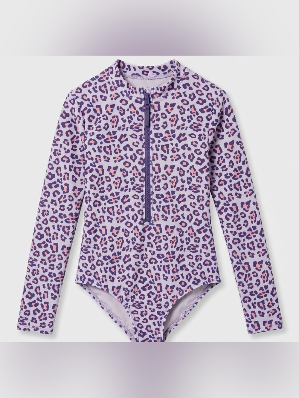 Girls' UPF50+ Purple Leopard Print Long-Sleeve Rashguard Swimsuit with Front Zip